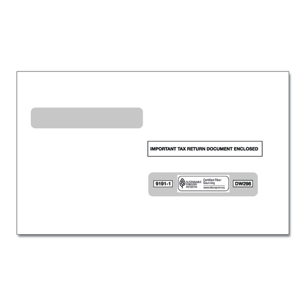 A ComplyRight W-2 double window envelope with a black label showing through.