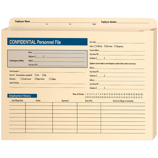 A ComplyRight expandable confidential personnel file folder with blue and white text on a white background.