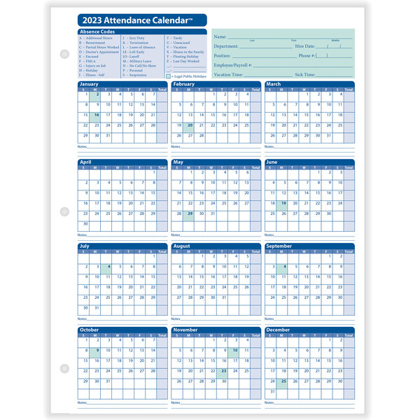 ComplyRight White 2024 Attendance Calendar Card 25/Pack