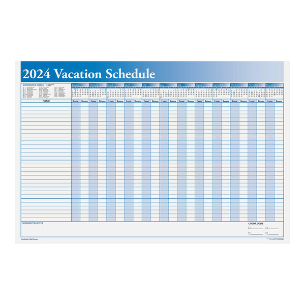 A blue and white ComplyRight vacation schedule for 2024.