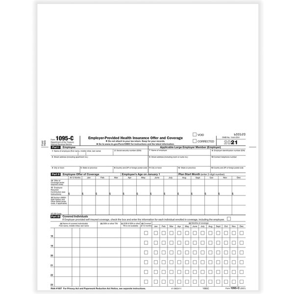 Complyright 8 1 2 X 11 1095 C Employer Employee Copy Of Employer Provided Health Insurance Offer And Coverage Laser Tax Form 50 Pack