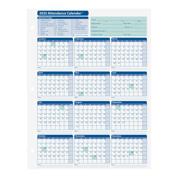 ComplyRight White 2025 Attendance Calendar Card 50/Pack