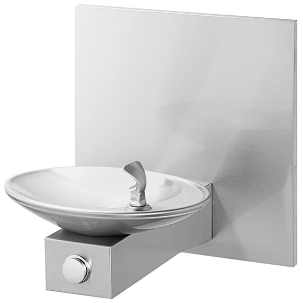 A stainless steel Halsey Taylor Oval drinking fountain with a silver surface.
