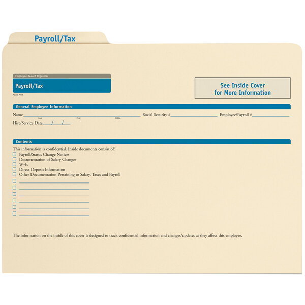 A ComplyRight payroll and tax folder with blue and white text.
