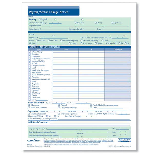 A close-up of a ComplyRight Payroll Status / Change Notice form.