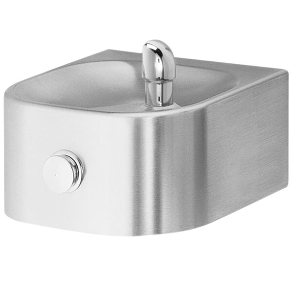 A silver metal Halsey Taylor wall mounted drinking fountain with a knob.