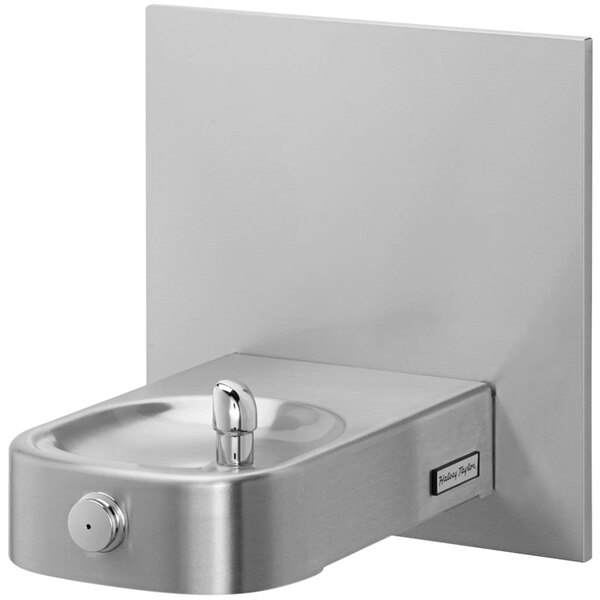 A wall mounted stainless steel Halsey Taylor drinking fountain.