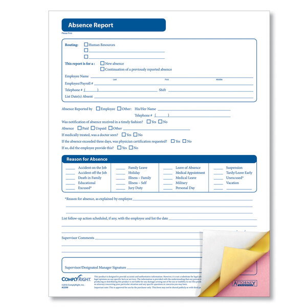 A ComplyRight 3-part absence warning report with a white form, pink and yellow sheets.