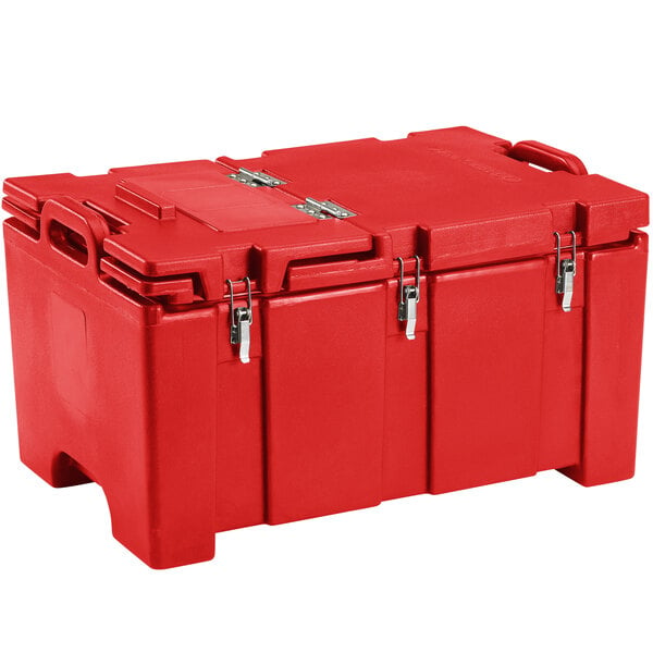 Cambro 100MPCHL158 Camcarrier® 100 Series Hot Red Top Loading 8" Deep Insulated Food Pan Carrier with Hinged Lid