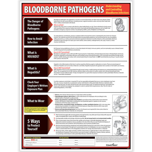 A ComplyRight Bloodborne Pathogens poster on a counter.