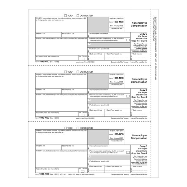 ComplyRight 1099-NEC 2-Up Payer Copy C of Nonemployee Compensation Tax Forms NEC511250 - 50/Pack