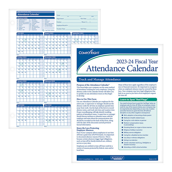 ComplyRight 2023/2024 Fiscal Year Attendance Calendar 50/Pack