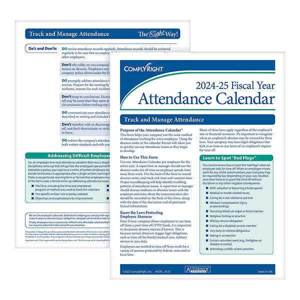 ComplyRight 2024/2025 Fiscal Year Attendance Calendar - 50/Pack