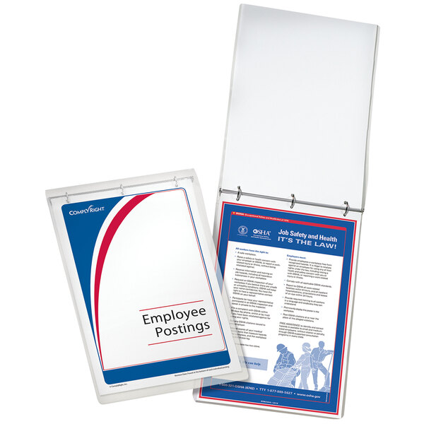 A white ComplyRight binder with a document inside and a blue and white sign on the front cover.