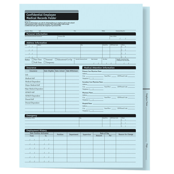 A blue ComplyRight employee medical records folder with black text.