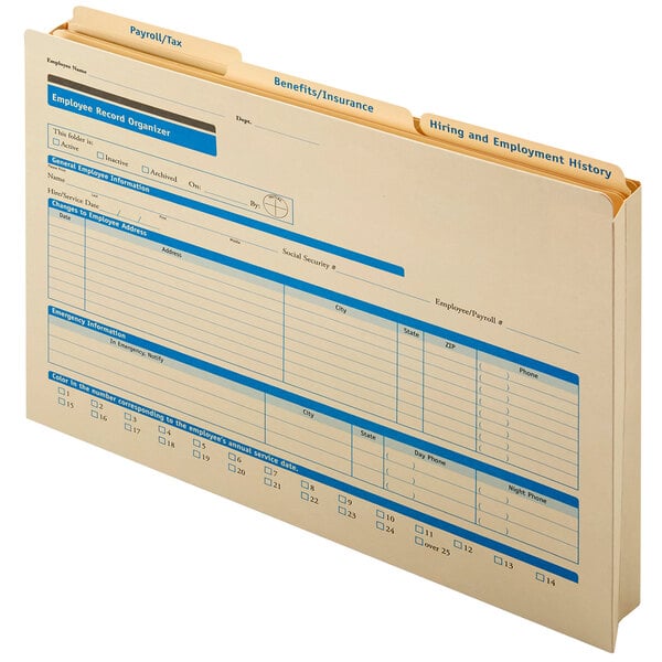 A ComplyRight Employee Record Organizer folder with blue and yellow documents.