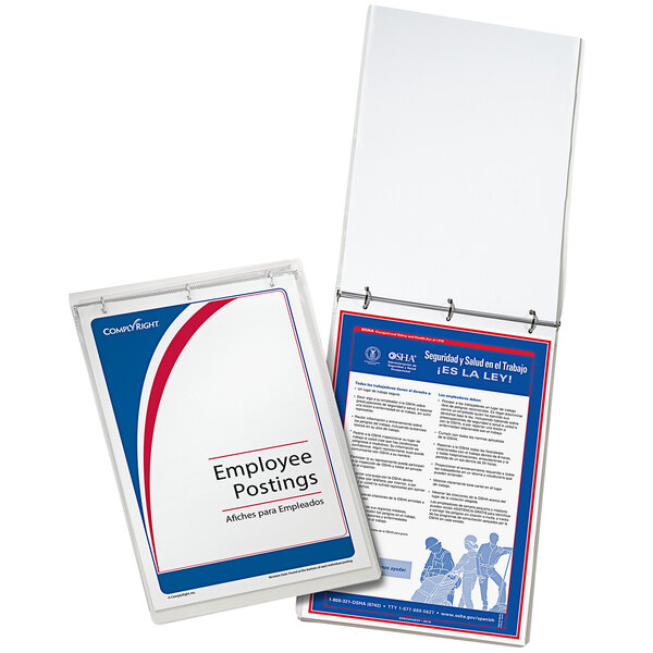A white ComplyRight binder with Spanish and red and blue covers holding labor law booklets and documents.