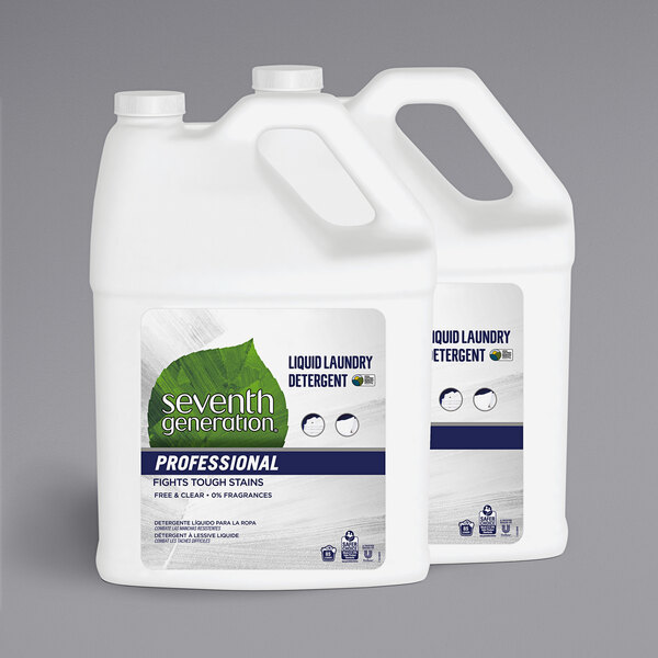 Two white jugs of Seventh Generation Free & Clear Liquid Laundry Detergent.