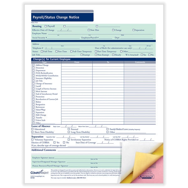 A close-up of a ComplyRight 3-Part Payroll Status / Change Notice form.