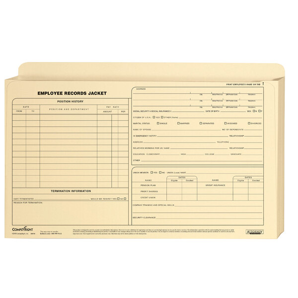 A white ComplyRight expandable legal size jacket with a number of employee records inside.