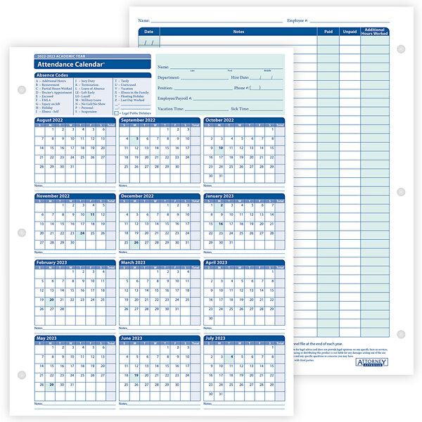2023 Employee Attendance Calendar Complyright 2022/2023 White Academic Year Attendance Calendar - 50/Pack