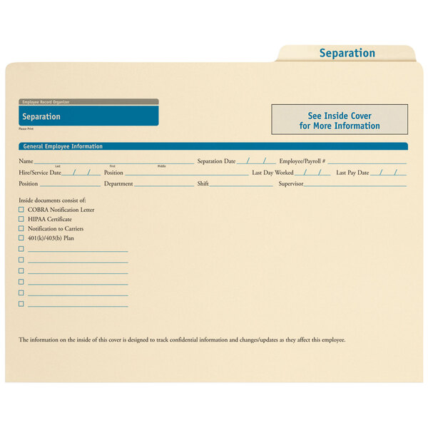 A ComplyRight separation folder with a document inside.