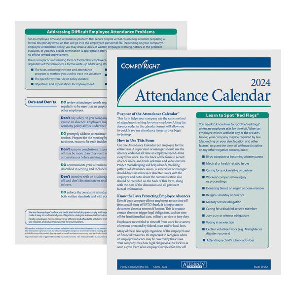 ComplyRight 2024 White Attendance Tracking Calendar Kit 100/Pack
