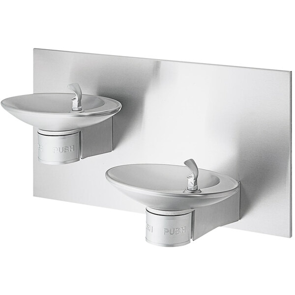 A Halsey Taylor stainless steel wall mount drinking fountain with two levels.