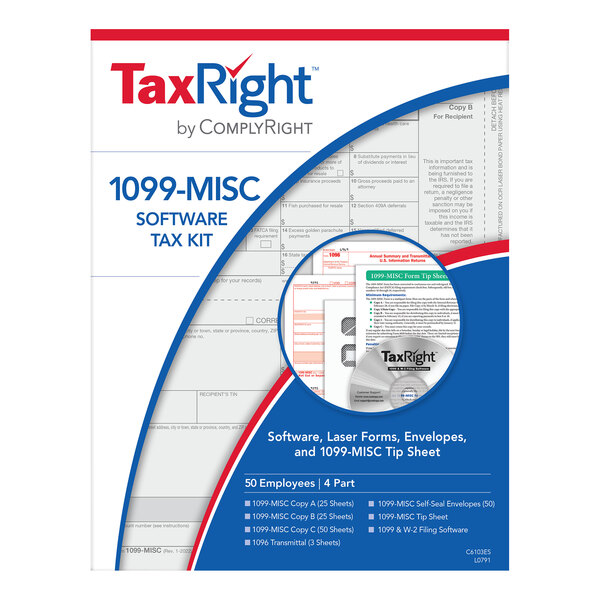 ComplyRight TaxRight 1099-MISC 4-Part Tax Forms for 50 Recipients with Self-Seal Envelopes and Software - 50/Pack