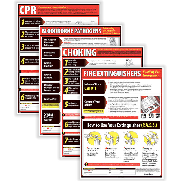 A group of ComplyRight lifesaving posters with instructions including a fire extinguisher.