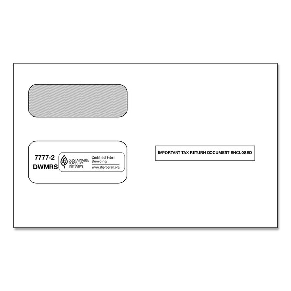 A white ComplyRight 1099 double window envelope with a black stamp on it.