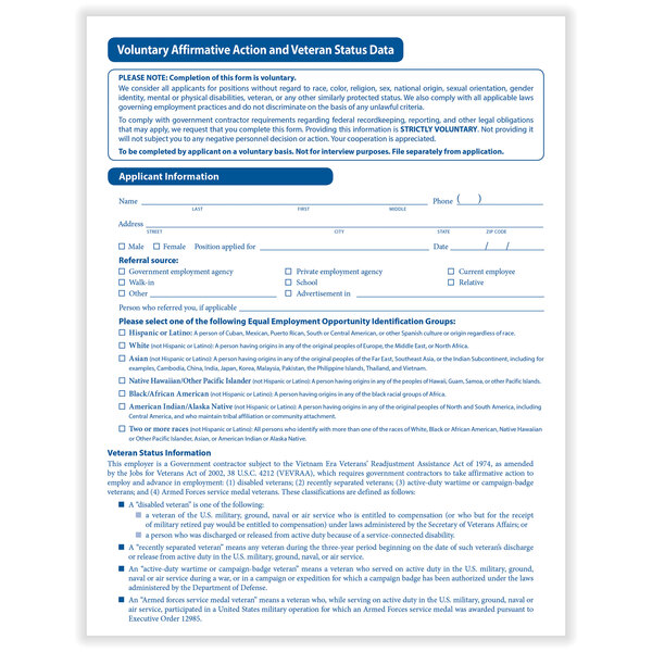 A pack of 25 blue and white ComplyRight Voluntary Affirmative Action and Veteran Status Data forms.