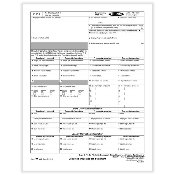 A ComplyRight W-2C Tax Form on white background.