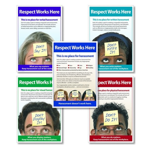 A group of ComplyRight Anti-Harassment posters with text on them.