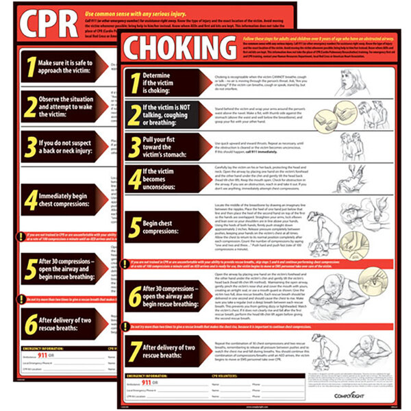A white ComplyRight poster with CPR and choking instructions.
