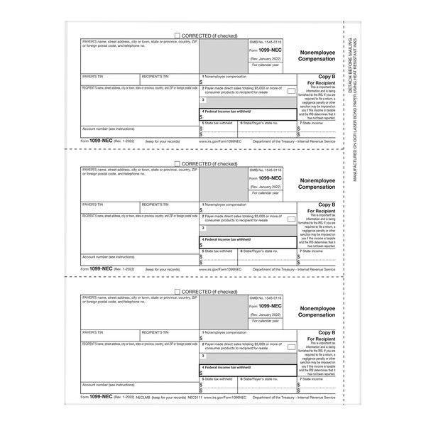 ComplyRight 1099-NEC 2-Up Recipient Copy B of Nonemployee Compensation Tax Forms NEC511150 - 50/Pack