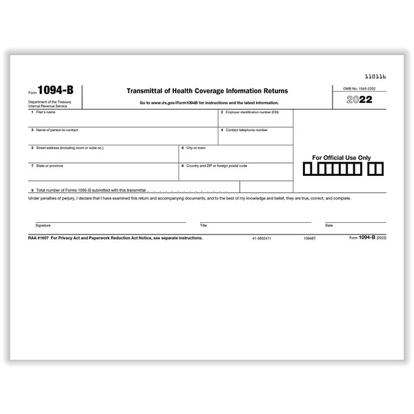 ComplyRight 8 1/2" x 11" 1094-B Transmittal of Health Coverage Information Returns Laser Tax Forms - 50/Pack