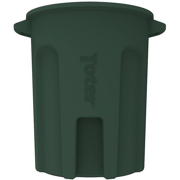 A green plastic Toter round trash can with a black lid.