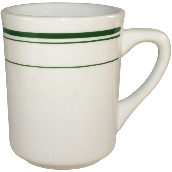 An International Tableware ivory stoneware mug with green stripes.