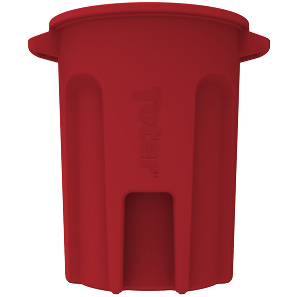 A red Toter commercial trash can with a lid.