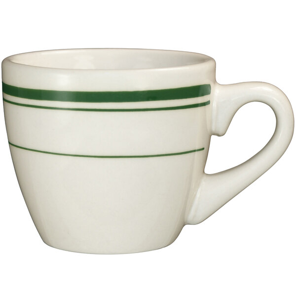 An International Tableware ivory stoneware cup with green stripes.