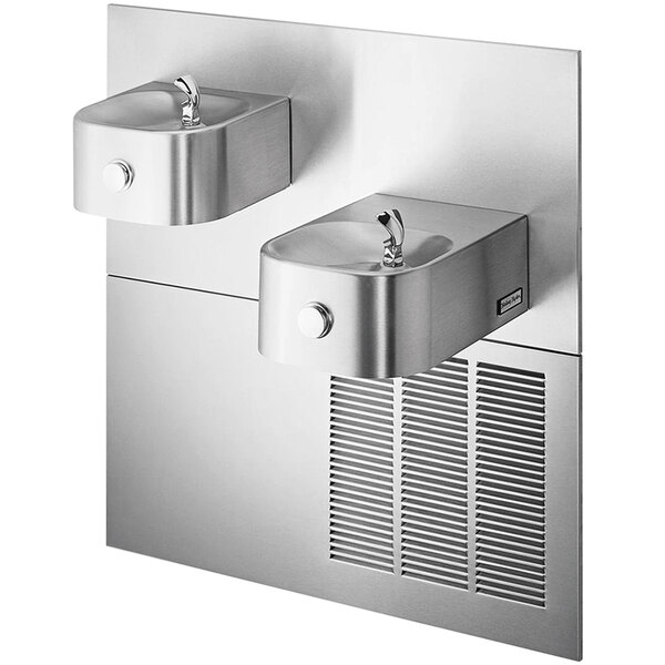 A Halsey Taylor stainless steel wall mount water fountain with two taps.