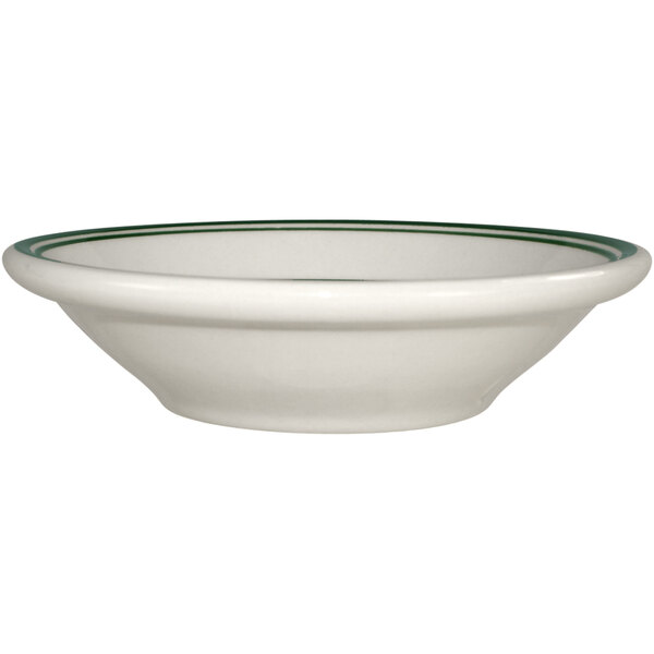 An International Tableware Verona stoneware fruit bowl with a white background and green bands on the rim.