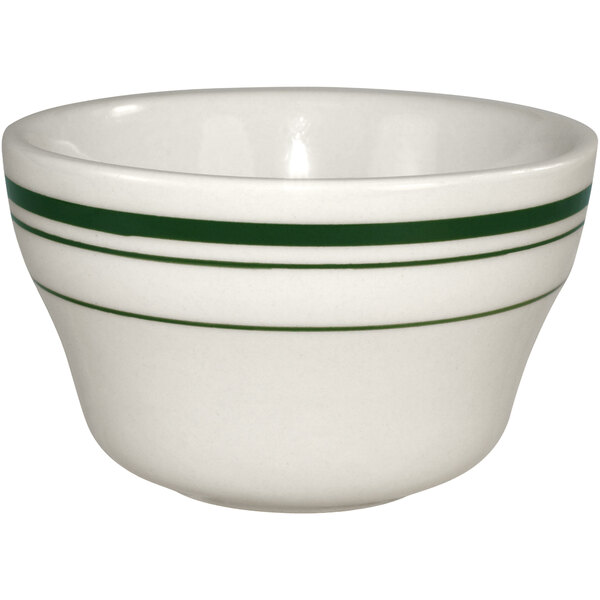 An International Tableware ivory stoneware bowl with green stripes.