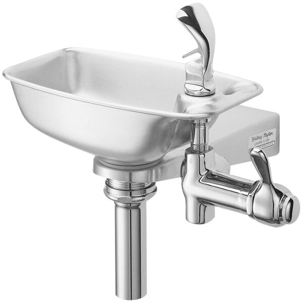 A stainless steel Halsey Taylor drinking fountain with a faucet over a bowl.