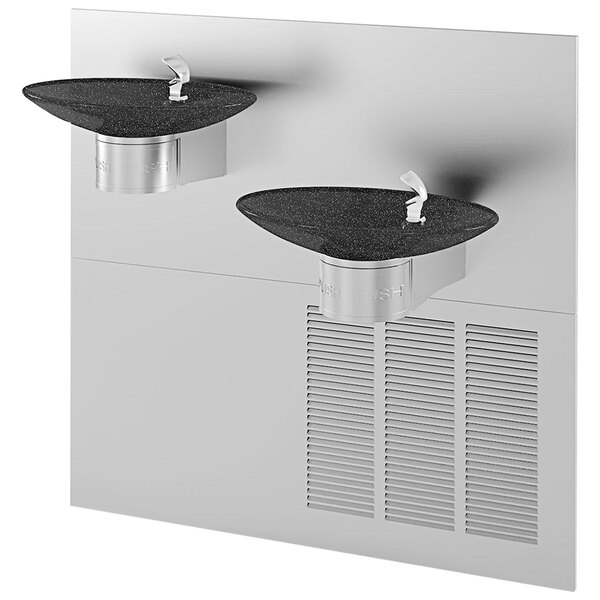 A black Halsey Taylor oval contour wall mount drinking fountain with a black basin.