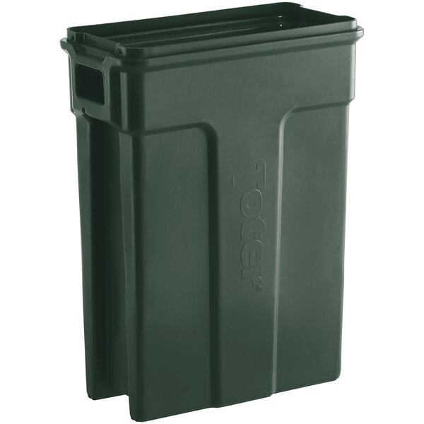 A green plastic Toter Slimline trash can with a lid.