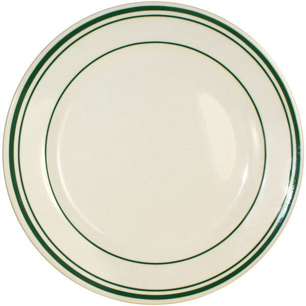 An International Tableware Verona ivory stoneware plate with green lines.