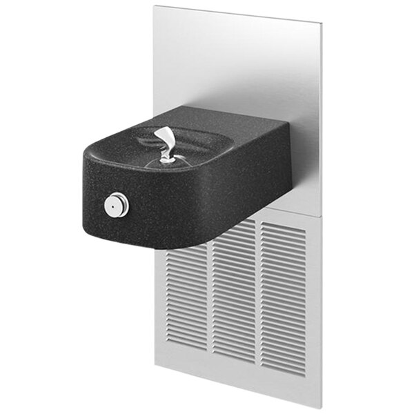 A black and white wall mount Halsey Taylor drinking fountain with a black basin and silver handle.