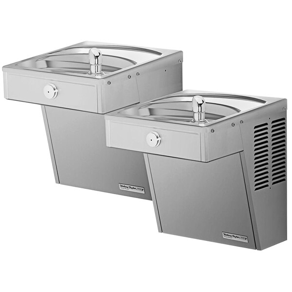 A Halsey Taylor stainless steel bi-level water fountain with a water cooler.